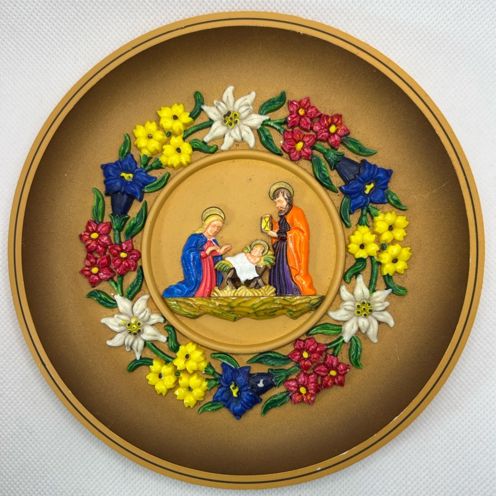 Vintage Nativity Ges Gesch Christmas Colorful Scene Wall Plate Plastic W Germany